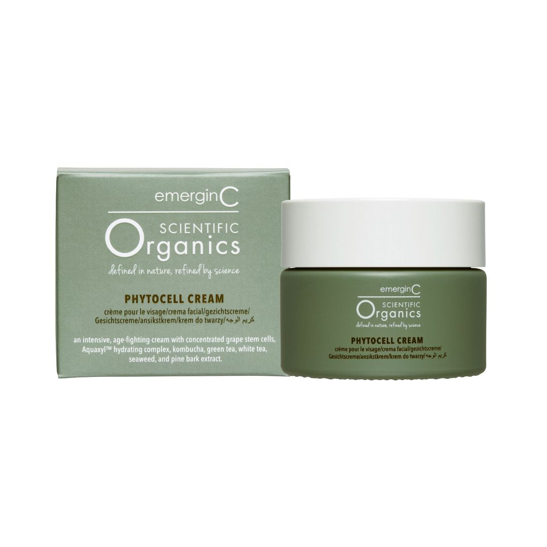 A 50 ml container of Emergin C Scientific Organics Phytocell Cream and packaging box on a white background, uploaded on Spa Circle Brands product listing page.