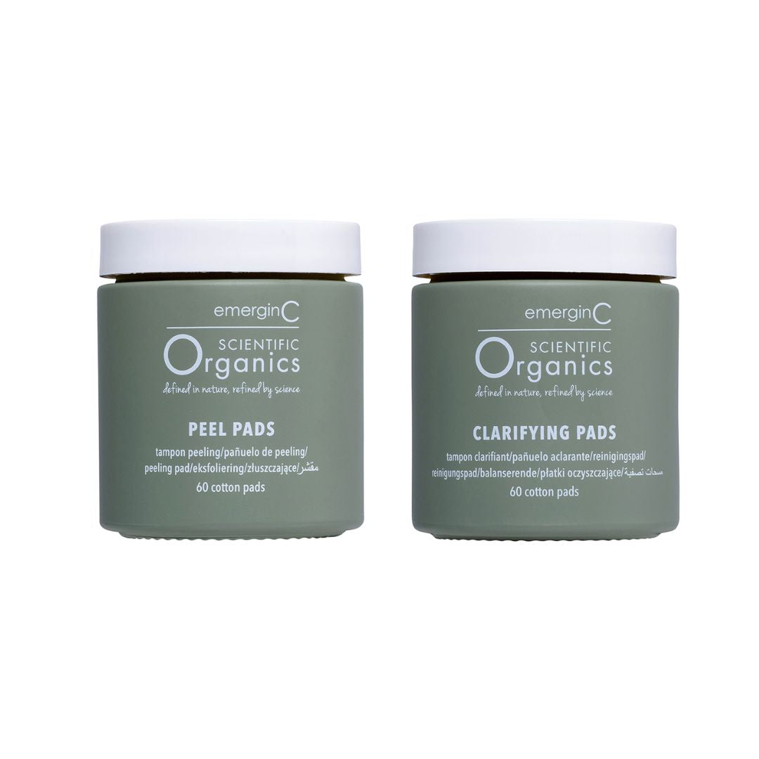 A glass container of EmerginC Scientific Organics At-Home Facial Peel + Clarifying Kit (60 cotton pads each) on a white background, uploaded on Spa Circle Brands product listing page.