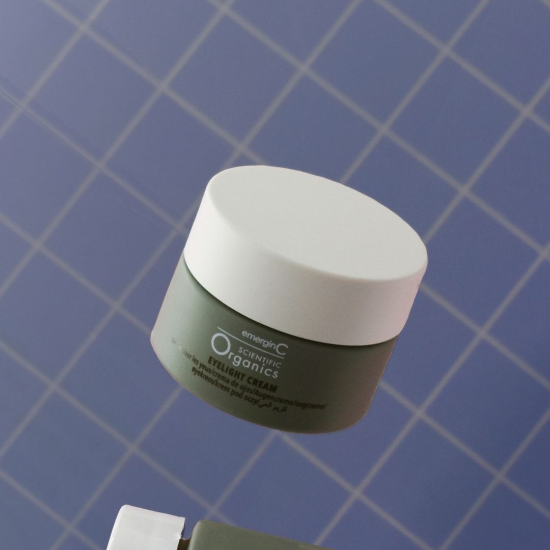 A creative product shot featuring Emergin C Scientific Organics Eyelight Cream on Spa Circle Brands product listing page.
