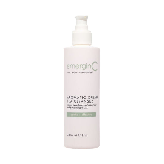 A 240ml trade-size bottle of EmerginC Aromatic Cream Tea Cleanser on a white background, uploaded on Spa Circle Brands product listing page.