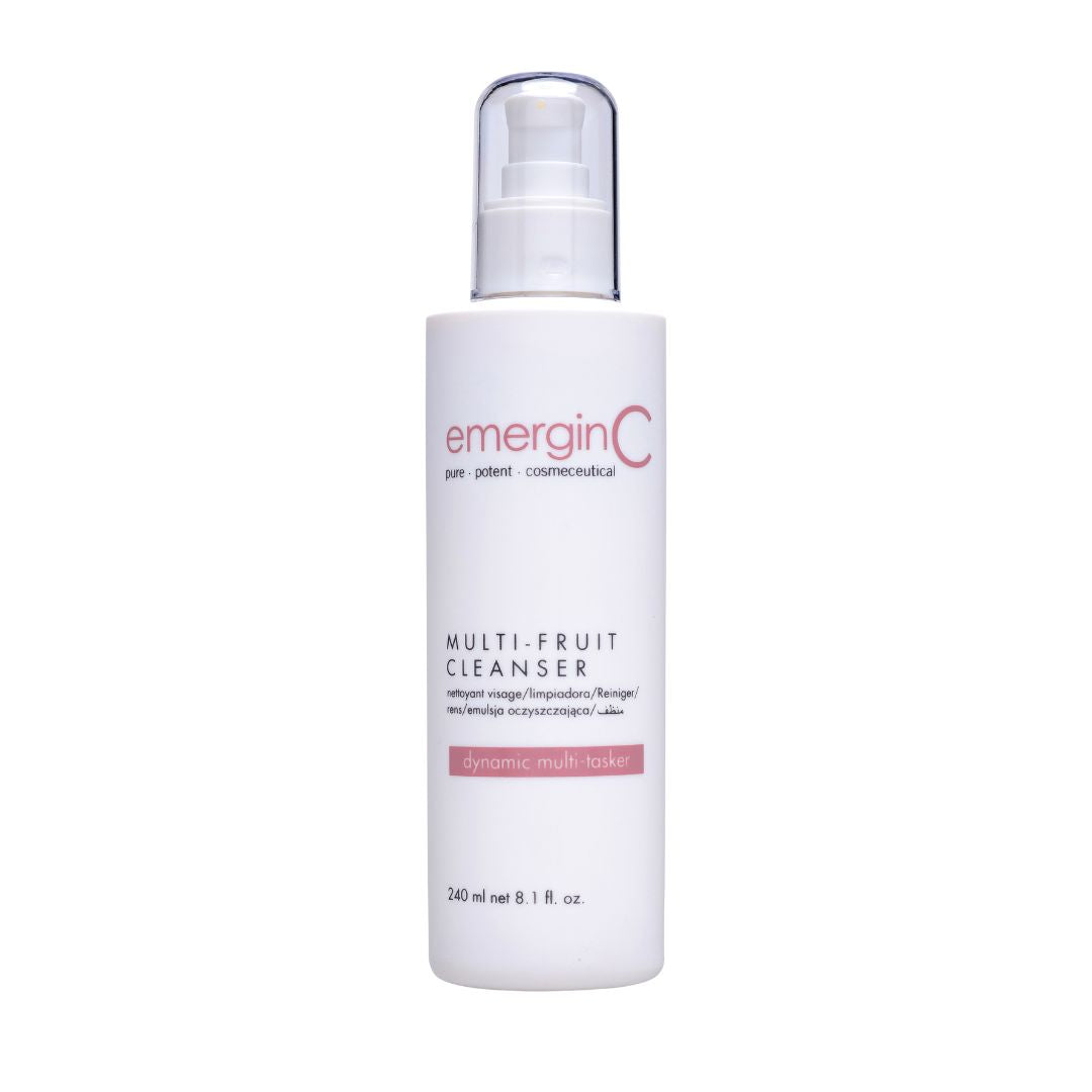 Load image into Gallery viewer, A 240ml trade-size bottle of EmerginC Multi-Fruit Cleanser on a white background, uploaded on Spa Circle Brands product listing page.
