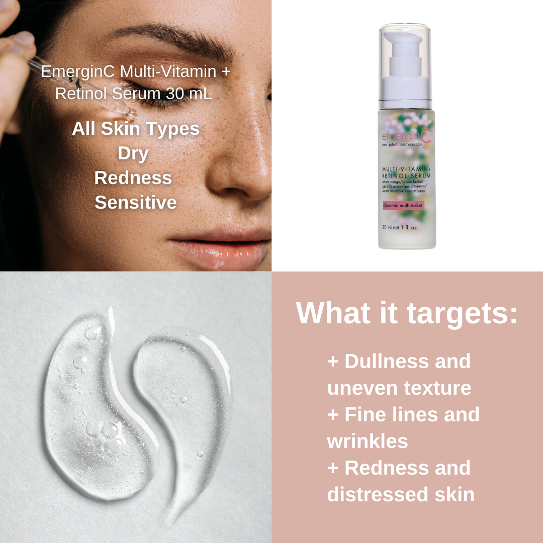 EmerginC Multi-Vitamin + Retinol Serum 30 mL skin targets, on Spa Circle Brands product listing page.