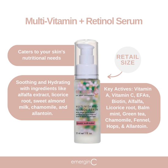 EmerginC Multi-Vitamin + Retinol Serum 30 mL overall product description and benefits, on Spa Circle Brands product listing page.