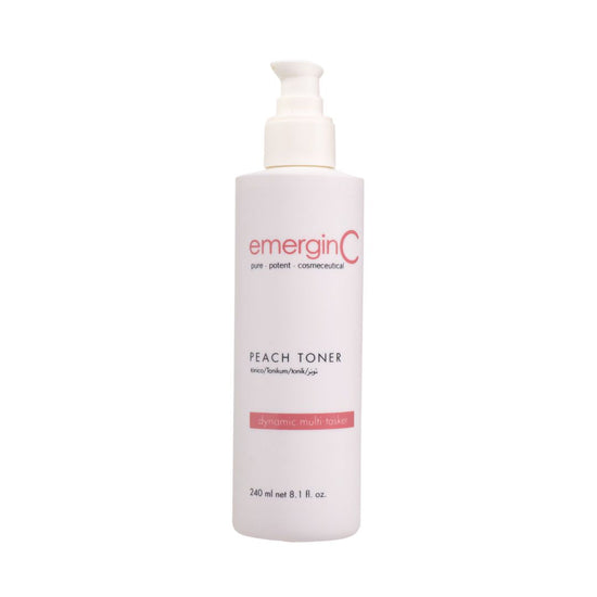 A 240ml trade-size bottle of EmerginC Peach Toner on a white background, uploaded on Spa Circle Brands product listing page.