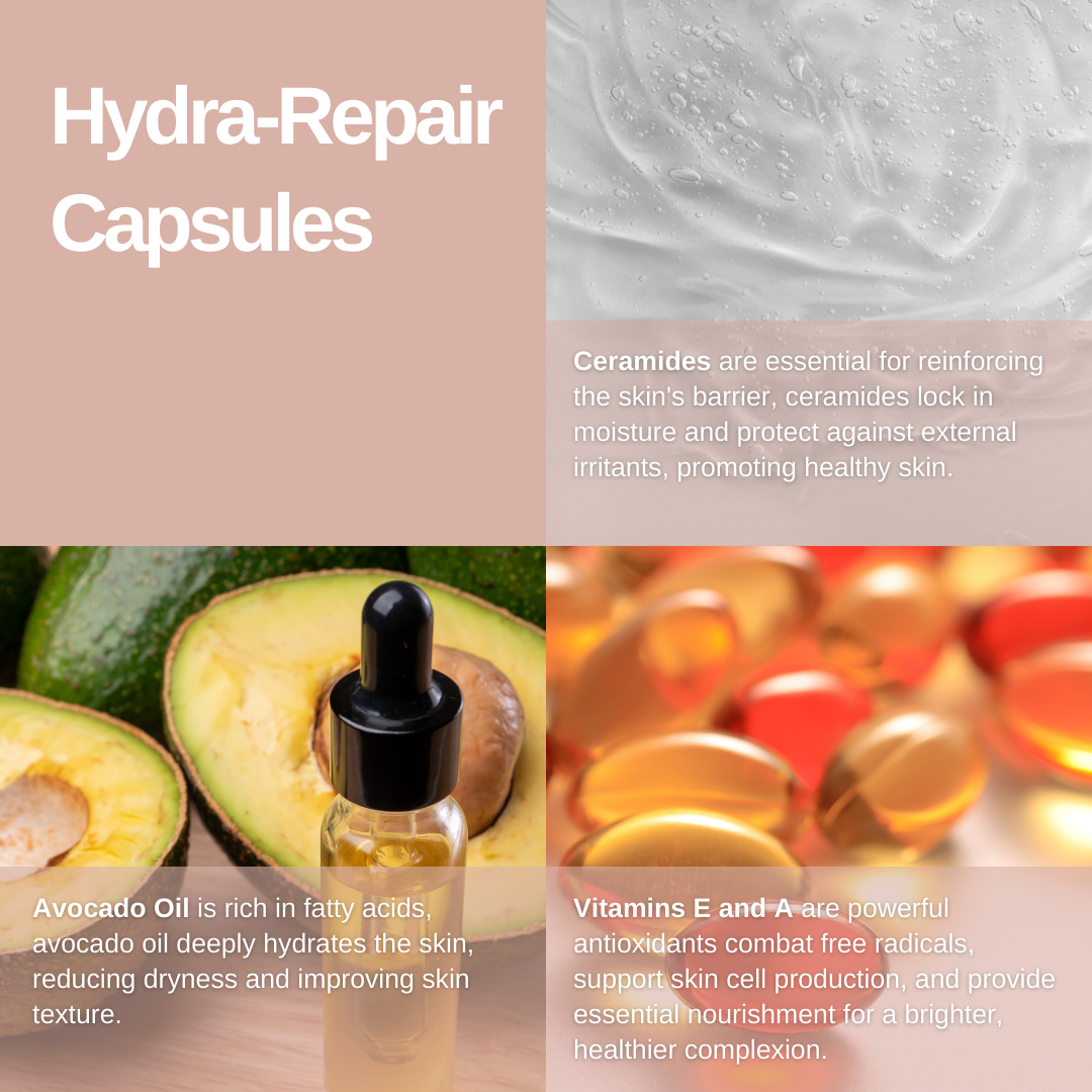 EmerginC Hydra-Repair Capsules Retail & TRADE Size key ingredients and skin benefits, on Spa Circle Brands product listing page.