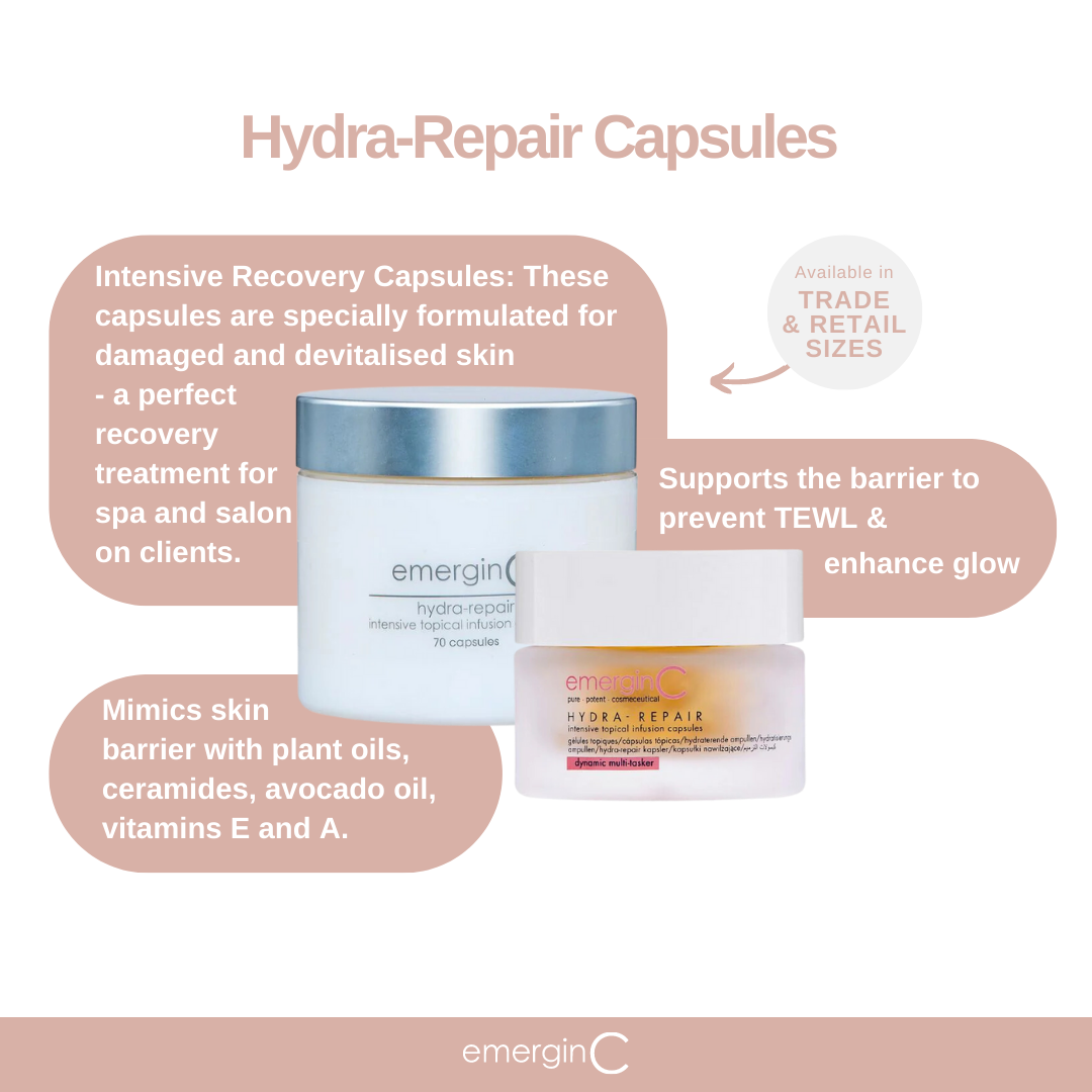 EmerginC Hydra-Repair Capsules Retail & TRADE Size overall product description and benefits, on Spa Circle Brands product listing page.