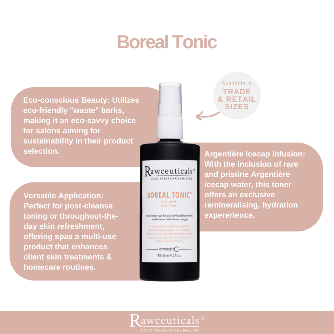 Rawceuticals™ Boreal Tonic™ Trade & Retail Size overall product description and benefits, on Spa Circle Brands product listing page.