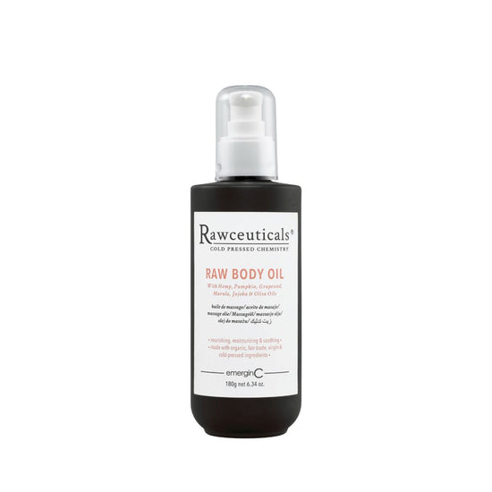 180 g pump bottle of Rawceuticals Raw Body Oil on a white background, uploaded on Spa Circle Brands product listing page.