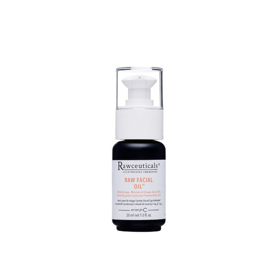 A 30 ml retail size pump bottle of Rawceuticals Raw Facial Oil on a white background, uploaded on Spa Circle Brands product listing page.