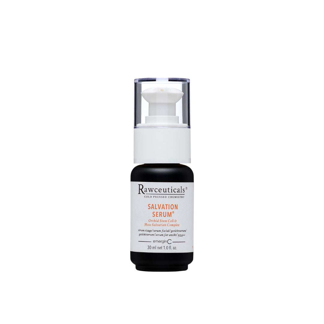 A 30 ml retail size pump bottle of Rawceuticals Salvation Serum on a white background, uploaded on Spa Circle Brands product listing page.