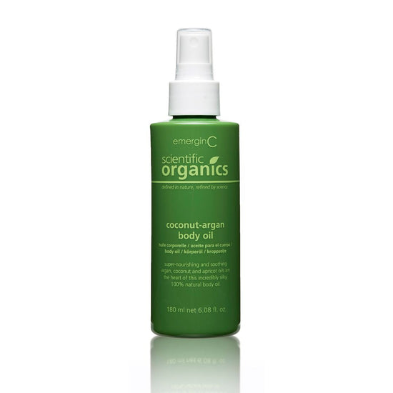 A retail-size 180 ml spray bottle of Scientific Organics Coconut-Argan Body Oil on a white background, uploaded on Spa Circle Brands product listing page.