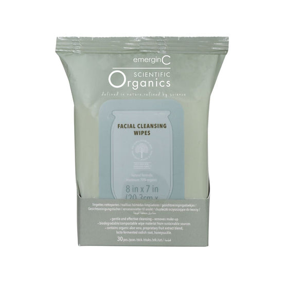 A sleek packaging of Emergin C Scientific Organics Facial Cleansing Wipes (30 pieces) on a white background, uploaded on Spa Circle Brands product listing page.