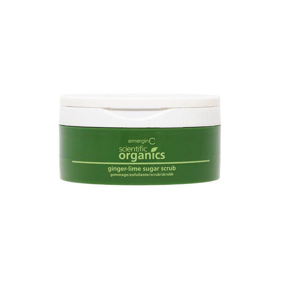 A container of Emergin C Scientific Organics Ginger-Lime Sugar Scrub on a white background, uploaded on Spa Circle Brands product listing page.