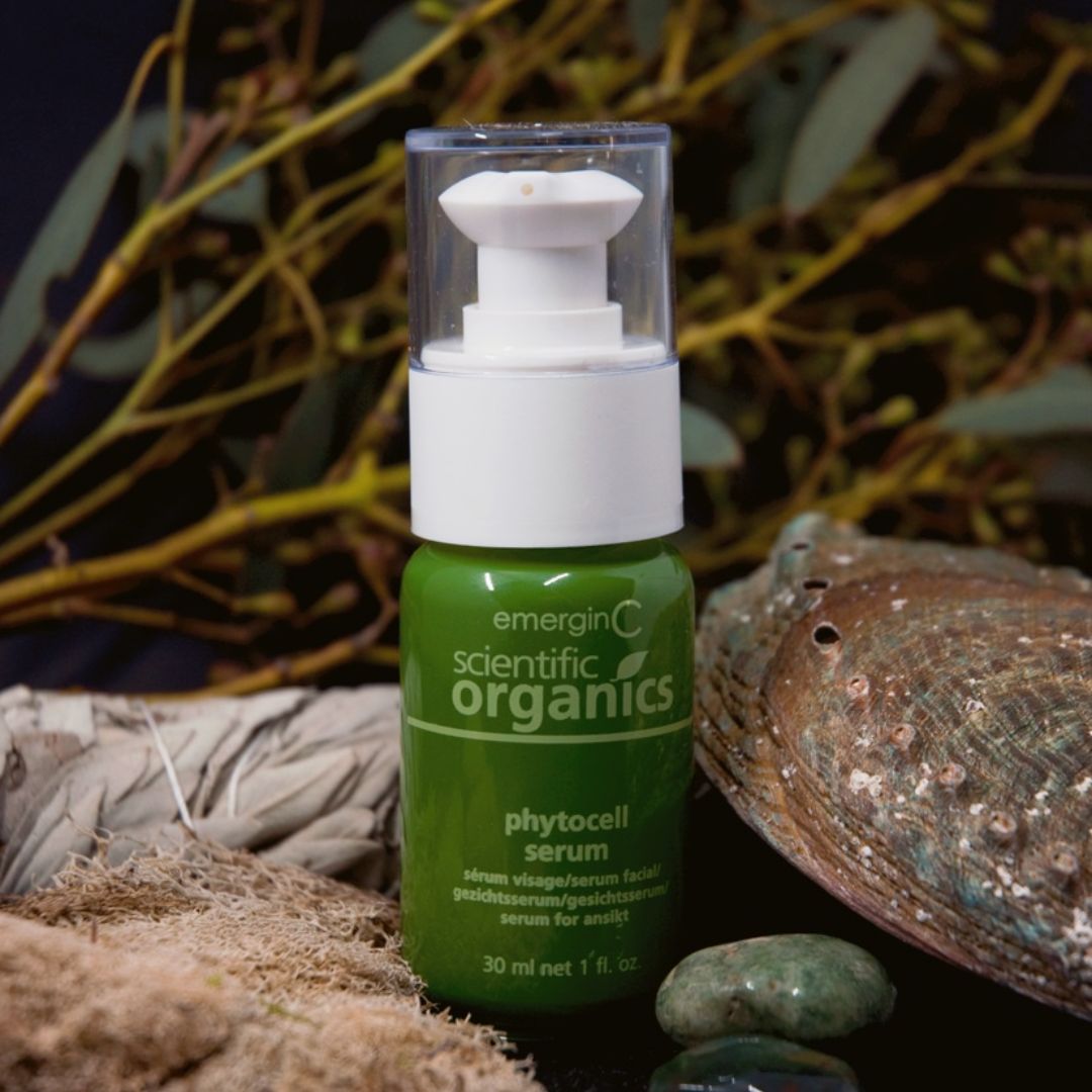 A creative product shot featuring Emergin C Scientific Organics Phytocell Serum on Spa Circle Brands product listing page.