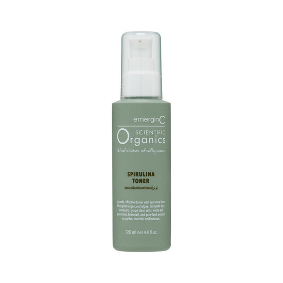 A 120ml pump bottle of Scientific Organics Spirulina Toner on a white background, uploaded on Spa Circle Brands product listing page.